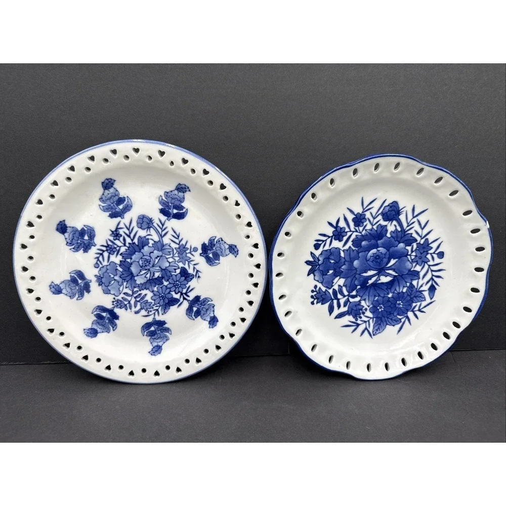 Vtg Blue & White Round Dish Ceramic Decor Vanity Plate Wall Hanger Lot Of 2